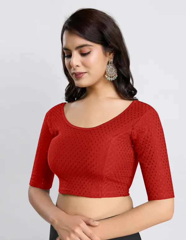 Red_Cotton_Lycra_Stretchable_Comfy_Round_Neck_Elbow_Sleeves_Saree_Blouse_Readymade