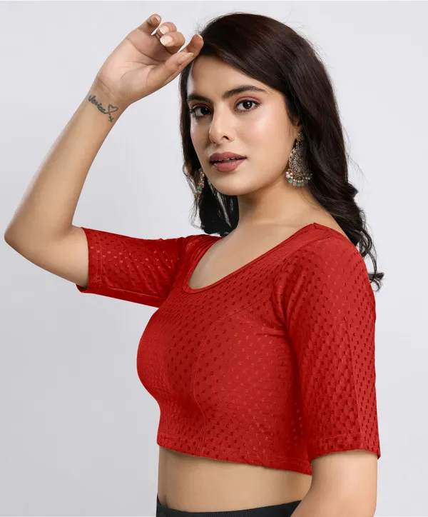 Red_Cotton_Lycra_Stretchable_Comfy_Round_Neck_Elbow_Sleeves_Saree_Blouse_Readymade
