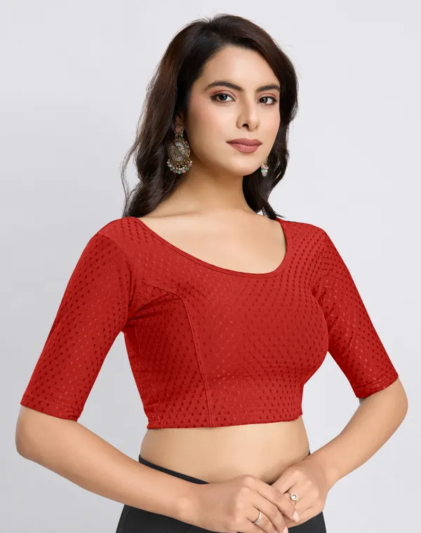 Red_Cotton_Lycra_Stretchable_Comfy_Round_Neck_Elbow_Sleeves_Saree_Blouse_Readymade