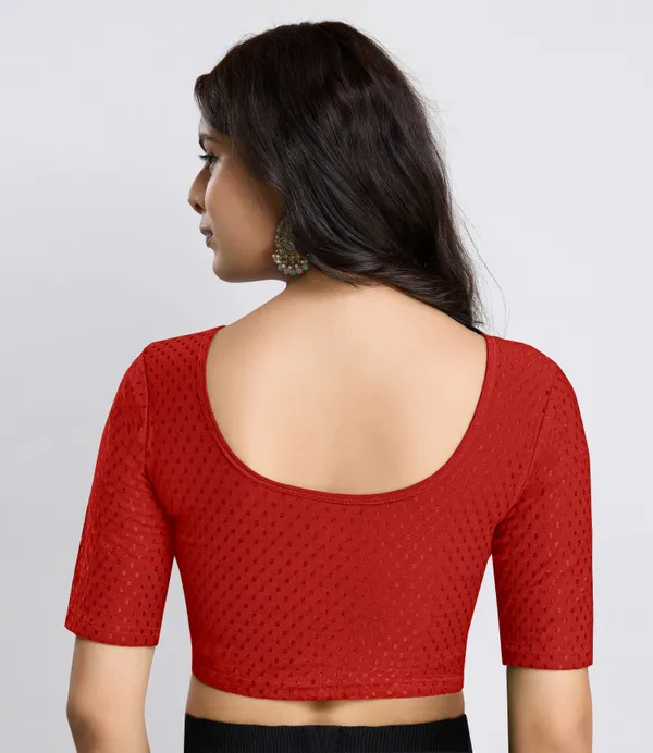 Red_Cotton_Lycra_Stretchable_Comfy_Round_Neck_Elbow_Sleeves_Saree_Blouse_Readymade