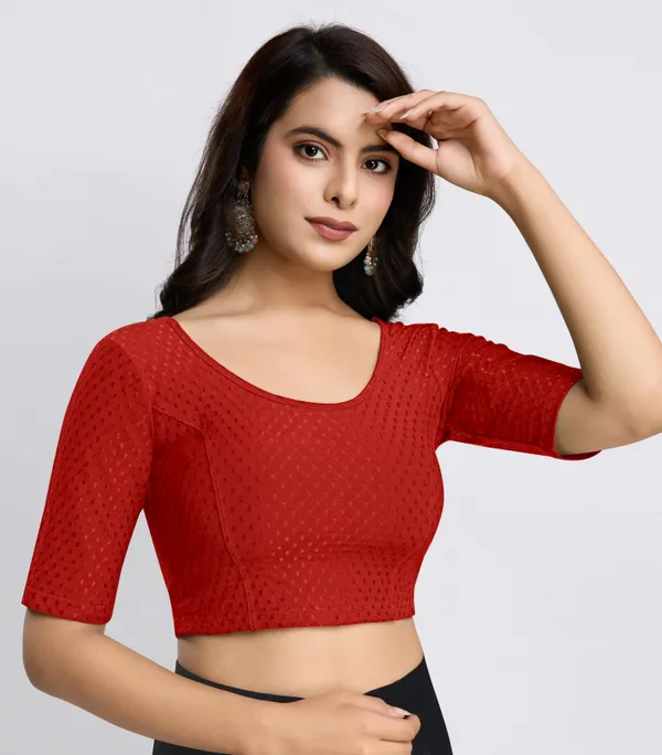 Red_Cotton_Lycra_Stretchable_Comfy_Round_Neck_Elbow_Sleeves_Saree_Blouse_Readymade