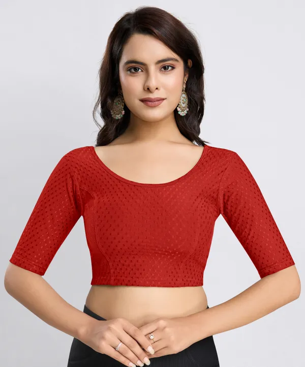 Red_Cotton_Lycra_Stretchable_Comfy_Round_Neck_Elbow_Sleeves_Saree_Blouse_Readymade
