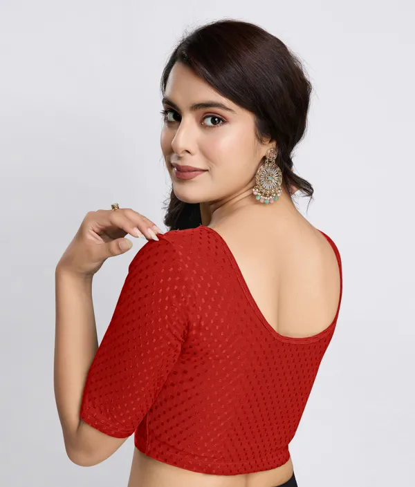 Red_Cotton_Lycra_Stretchable_Comfy_Round_Neck_Elbow_Sleeves_Saree_Blouse_Readymade