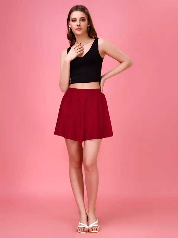 Red_Flared_Skater_Mini_Skirt_with_Inner_Shorts_�_High_Waist,_Stretchable_&_Comfortable_Fit