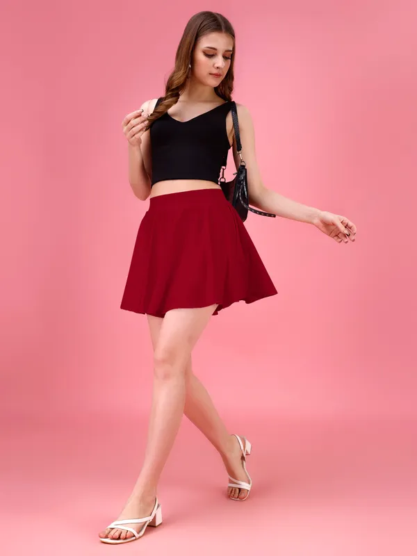 Red_Flared_Skater_Mini_Skirt_with_Inner_Shorts_�_High_Waist,_Stretchable_&_Comfortable_Fit