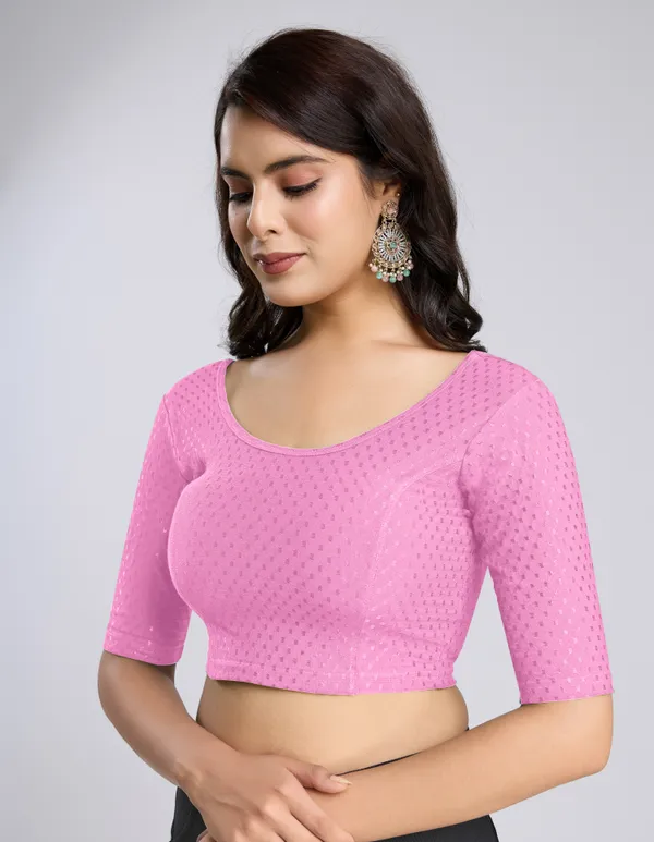 RosePink_Cotton_Lycra_Stretchable_Comfy_Round_Neck_Elbow_Sleeves_Saree_Blouse_Readymade