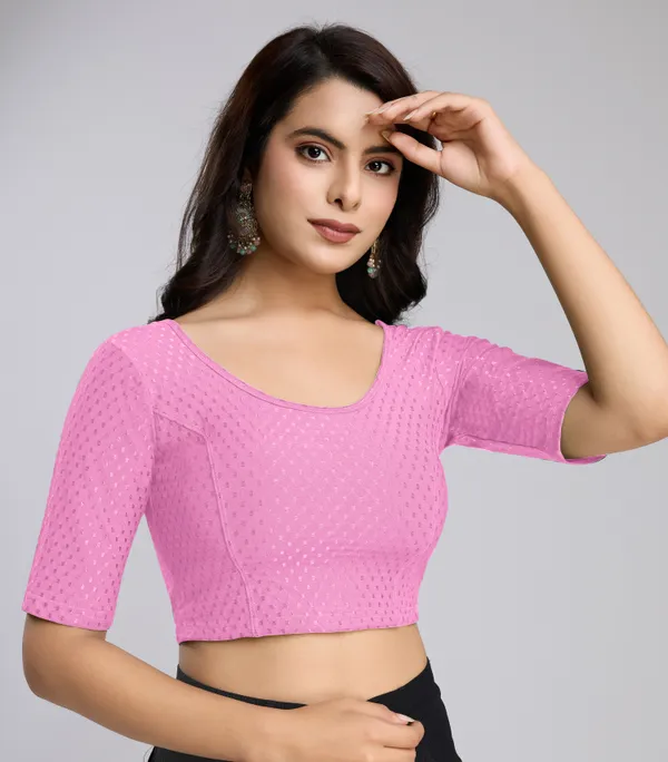 RosePink_Cotton_Lycra_Stretchable_Comfy_Round_Neck_Elbow_Sleeves_Saree_Blouse_Readymade