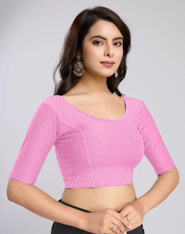 RosePink_Cotton_Lycra_Stretchable_Comfy_Round_Neck_Elbow_Sleeves_Saree_Blouse_Readymade