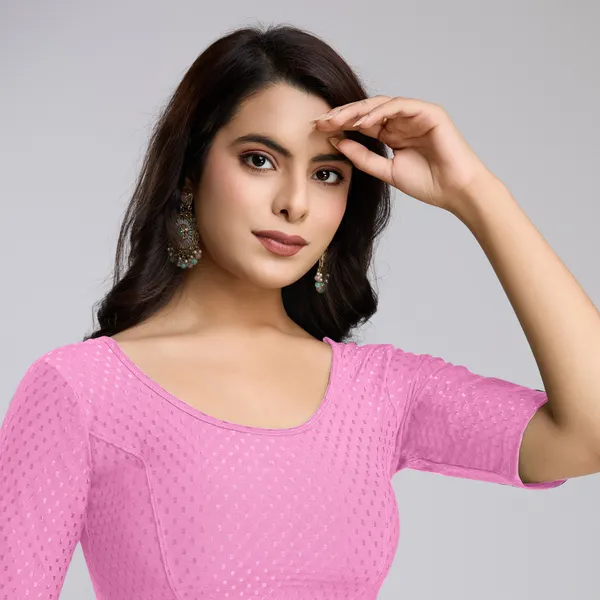 RosePink_Cotton_Lycra_Stretchable_Comfy_Round_Neck_Elbow_Sleeves_Saree_Blouse_Readymade