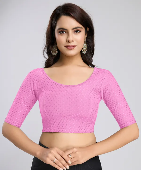 RosePink_Cotton_Lycra_Stretchable_Comfy_Round_Neck_Elbow_Sleeves_Saree_Blouse_Readymade