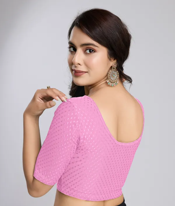 RosePink_Cotton_Lycra_Stretchable_Comfy_Round_Neck_Elbow_Sleeves_Saree_Blouse_Readymade