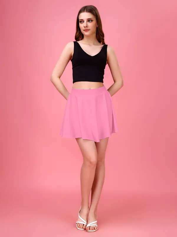 Rosepink_Flared_Skater_Mini_Skirt_with_Inner_Shorts_�_High_Waist,_Stretchable_&_Comfortable_Fit