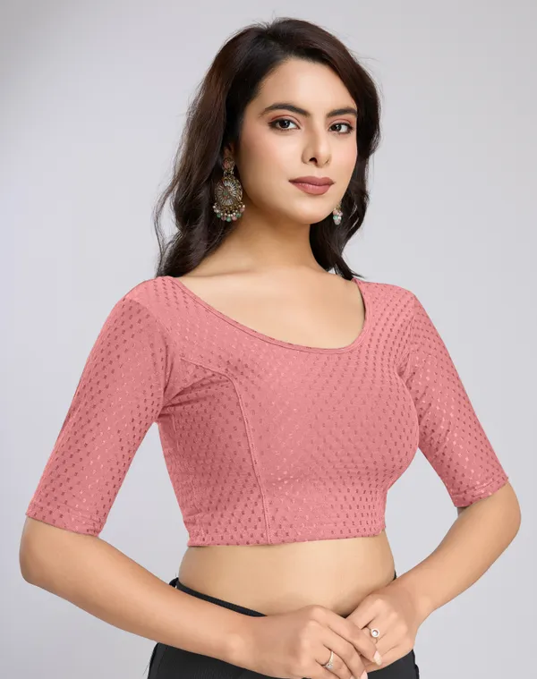 SalmonPink_Cotton_Lycra_Stretchable_Comfy_Round_Neck_Elbow_Sleeves_Saree_Blouse_Readymade