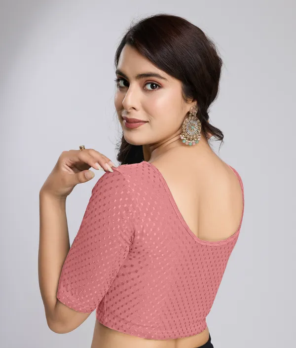 SalmonPink_Cotton_Lycra_Stretchable_Comfy_Round_Neck_Elbow_Sleeves_Saree_Blouse_Readymade