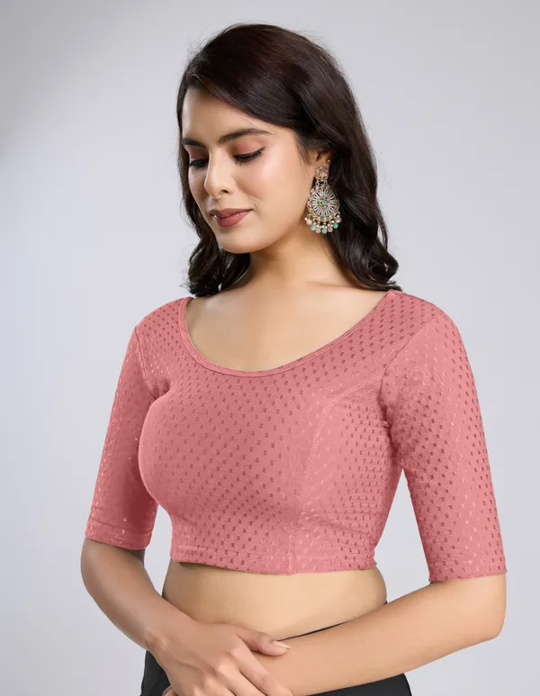 SalmonPink_Cotton_Lycra_Stretchable_Comfy_Round_Neck_Elbow_Sleeves_Saree_Blouse_Readymade