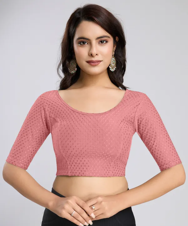 SalmonPink_Cotton_Lycra_Stretchable_Comfy_Round_Neck_Elbow_Sleeves_Saree_Blouse_Readymade