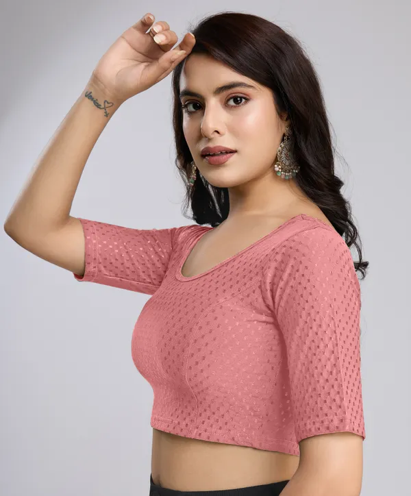 SalmonPink_Cotton_Lycra_Stretchable_Comfy_Round_Neck_Elbow_Sleeves_Saree_Blouse_Readymade