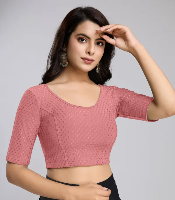 SalmonPink_Cotton_Lycra_Stretchable_Comfy_Round_Neck_Elbow_Sleeves_Saree_Blouse_Readymade