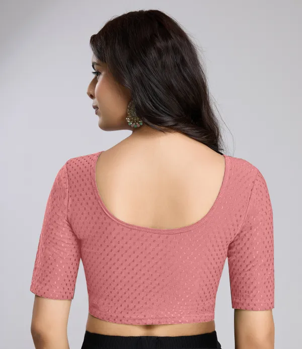 SalmonPink_Cotton_Lycra_Stretchable_Comfy_Round_Neck_Elbow_Sleeves_Saree_Blouse_Readymade