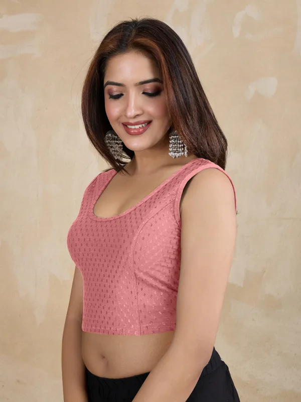 SalmonPink_Dobby_Pure_Cotton_Elastin_Stretchable_Readymade_Blouse
