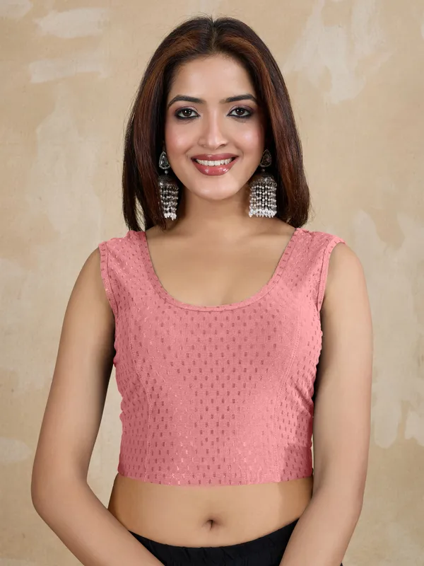 SalmonPink_Dobby_Pure_Cotton_Elastin_Stretchable_Readymade_Blouse