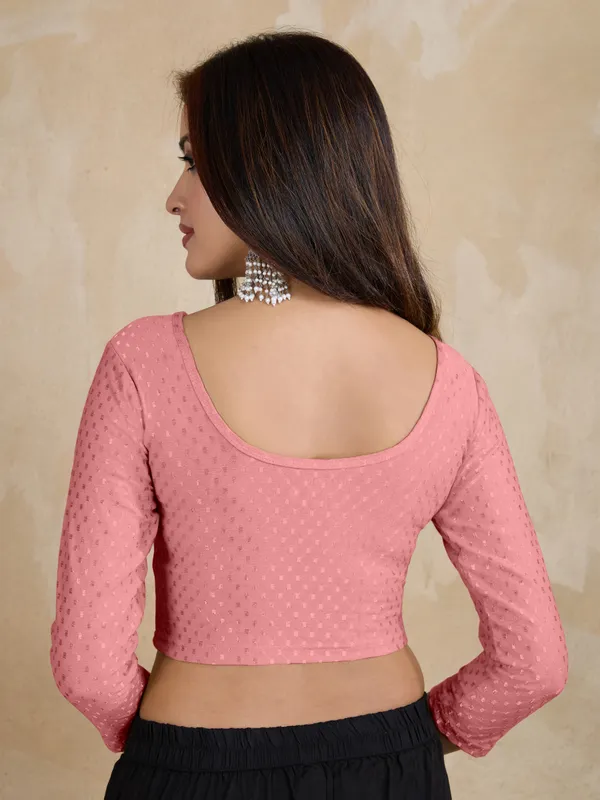 SalmonPink_Dobby_Pure_Cotton_Elastin_Stretchable_Readymade_Blouse