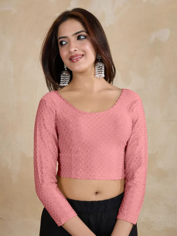 SalmonPink_Dobby_Pure_Cotton_Elastin_Stretchable_Readymade_Blouse