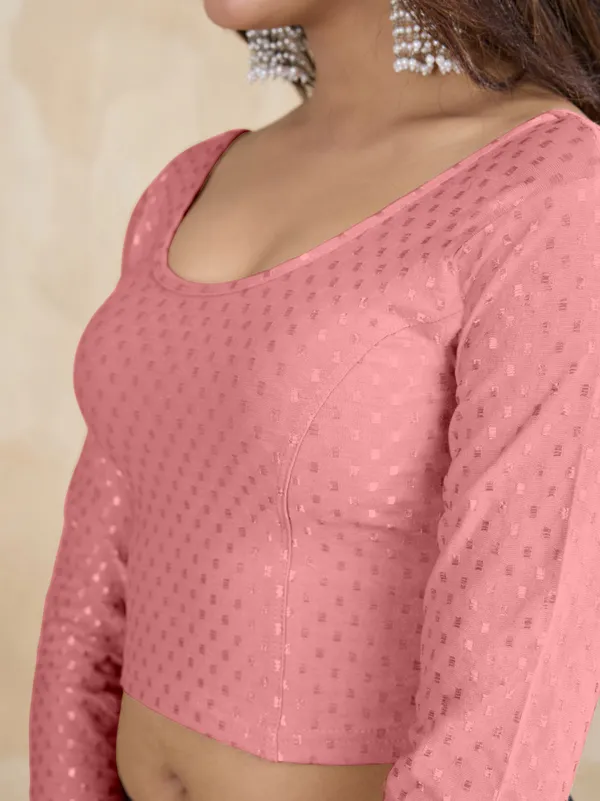 SalmonPink_Dobby_Pure_Cotton_Elastin_Stretchable_Readymade_Blouse