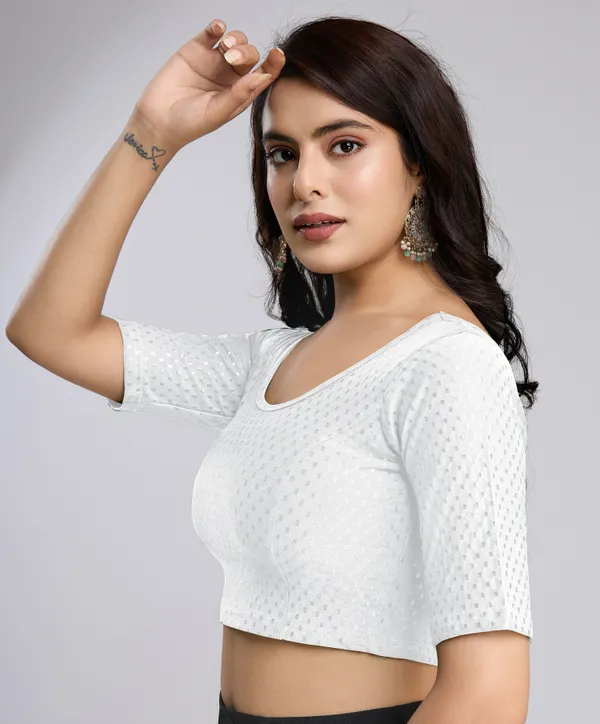 White_Cotton_Lycra_Stretchable_Comfy_Round_Neck_Elbow_Sleeves_Saree_Blouse_Readymade