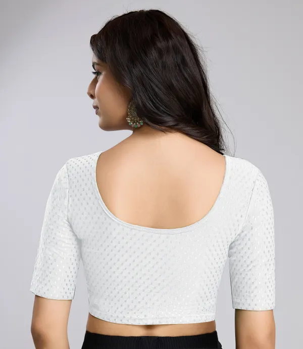 White_Cotton_Lycra_Stretchable_Comfy_Round_Neck_Elbow_Sleeves_Saree_Blouse_Readymade