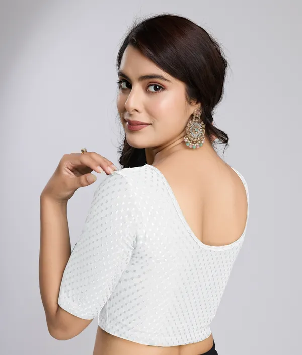 White_Cotton_Lycra_Stretchable_Comfy_Round_Neck_Elbow_Sleeves_Saree_Blouse_Readymade