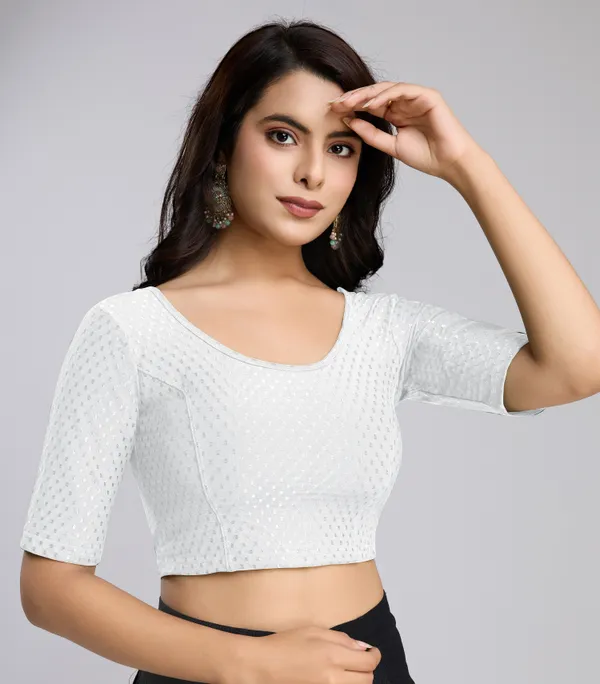 White_Cotton_Lycra_Stretchable_Comfy_Round_Neck_Elbow_Sleeves_Saree_Blouse_Readymade