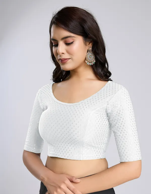 White_Cotton_Lycra_Stretchable_Comfy_Round_Neck_Elbow_Sleeves_Saree_Blouse_Readymade