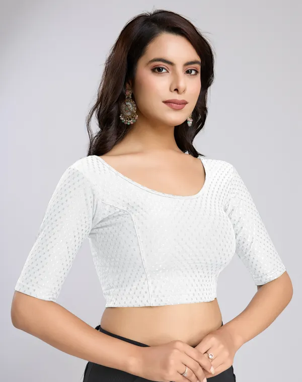 White_Cotton_Lycra_Stretchable_Comfy_Round_Neck_Elbow_Sleeves_Saree_Blouse_Readymade