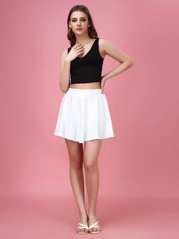 White_Flared_Skater_Mini_Skirt_with_Inner_Shorts_�_High_Waist,_Stretchable_&_Comfortable_Fit
