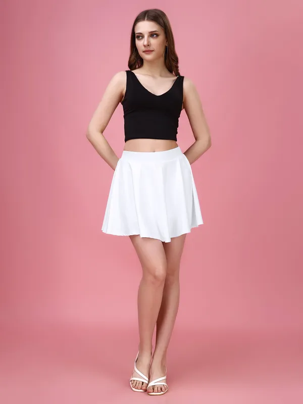 White_Flared_Skater_Mini_Skirt_with_Inner_Shorts_�_High_Waist,_Stretchable_&_Comfortable_Fit