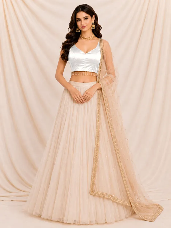 White_Gaji_Silk_Sleeveless_Beads_Lace_Work_Ready_To_Wear_Blouse_For_Women