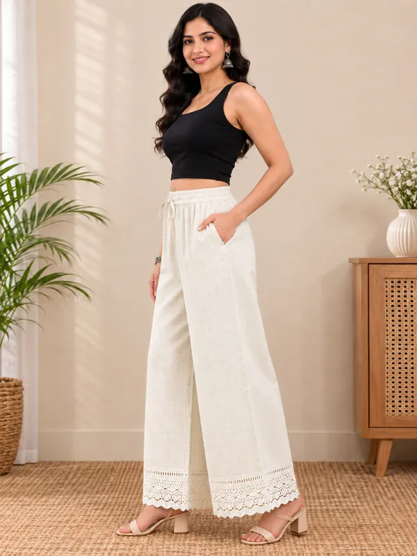 White_Khadi_Cotton_Wide_Leg_Palazzo_Pants_with_Drawstring_Waist_,_Full_Length_Flared_Trousers,_Casual,_Office_&_Summer_Wear
