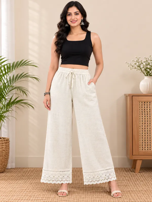 White_Khadi_Cotton_Wide_Leg_Palazzo_Pants_with_Drawstring_Waist_,_Full_Length_Flared_Trousers,_Casual,_Office_&_Summer_Wear