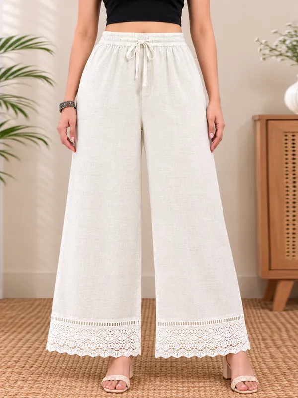 White_Khadi_Cotton_Wide_Leg_Palazzo_Pants_with_Drawstring_Waist_,_Full_Length_Flared_Trousers,_Casual,_Office_&_Summer_Wear