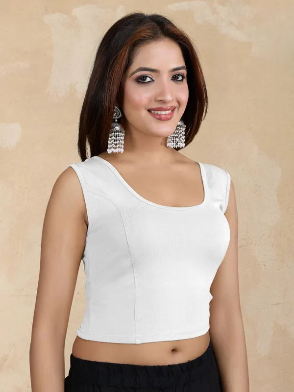 White_Pure_Cotton_Elastane_Stretchable_Readymade_Sleeveless_Blouse