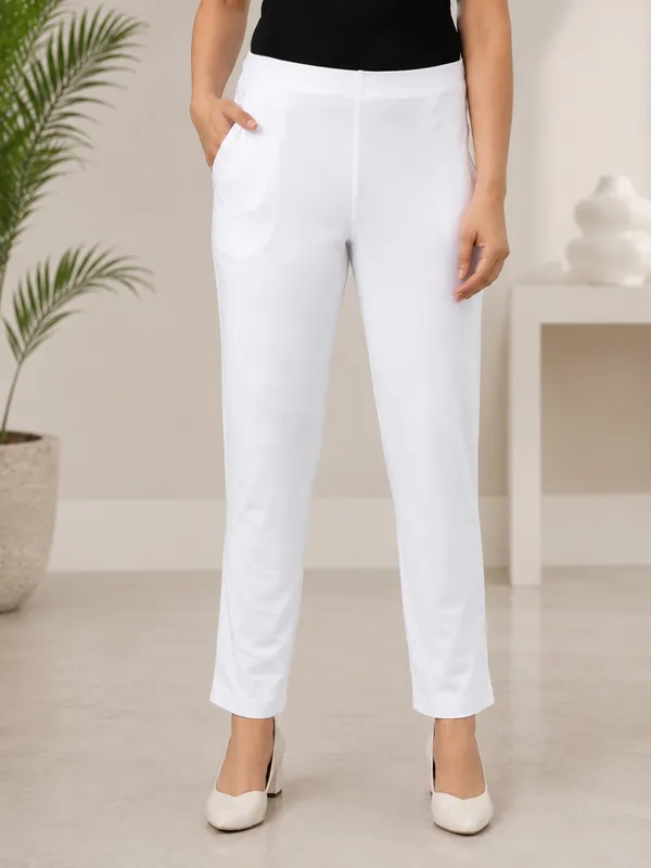 White_Super_Cotton_Stretch_Pants_Full_Length_for_Women_Breathable