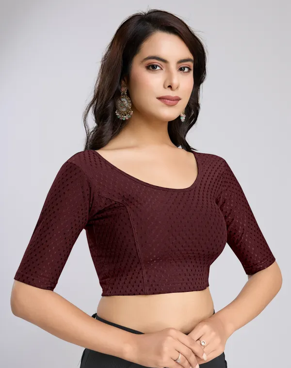 Wine_Cotton_Lycra_Stretchable_Comfy_Round_Neck_Elbow_Sleeves_Saree_Blouse_Readymade