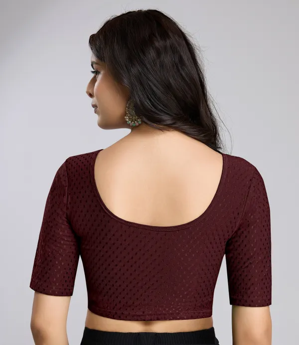 Wine_Cotton_Lycra_Stretchable_Comfy_Round_Neck_Elbow_Sleeves_Saree_Blouse_Readymade