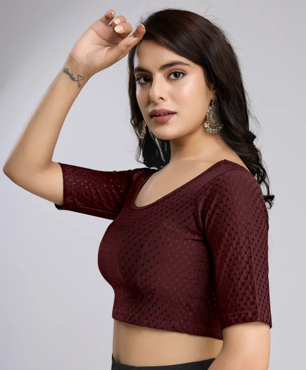 Wine_Cotton_Lycra_Stretchable_Comfy_Round_Neck_Elbow_Sleeves_Saree_Blouse_Readymade