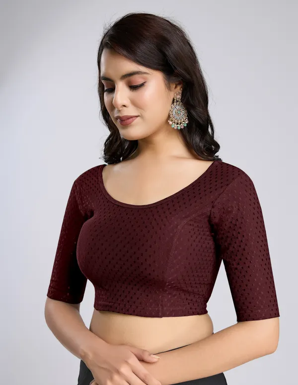 Wine_Cotton_Lycra_Stretchable_Comfy_Round_Neck_Elbow_Sleeves_Saree_Blouse_Readymade