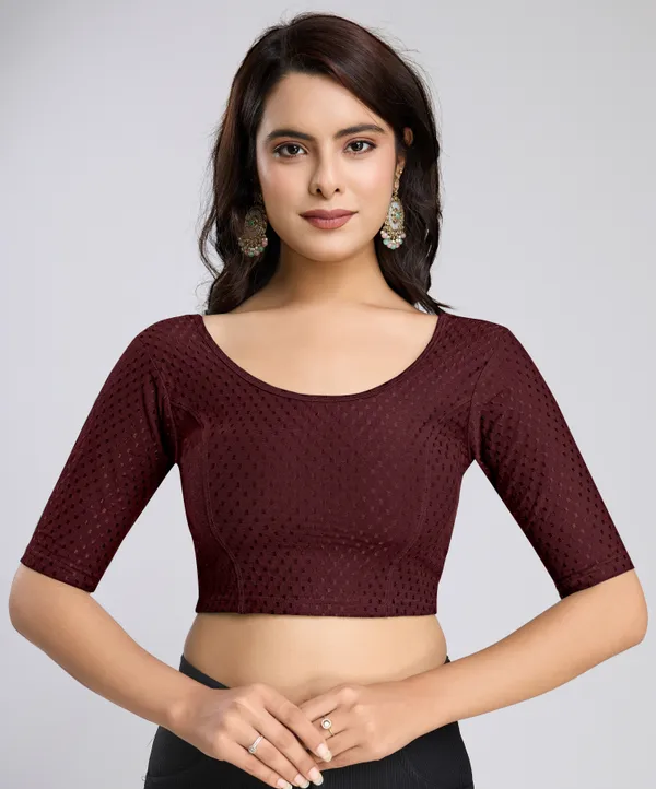 Wine_Cotton_Lycra_Stretchable_Comfy_Round_Neck_Elbow_Sleeves_Saree_Blouse_Readymade