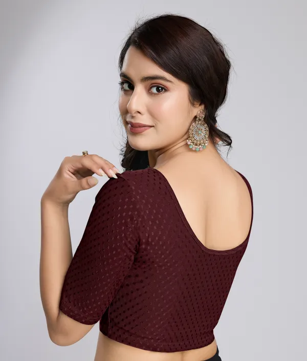 Wine_Cotton_Lycra_Stretchable_Comfy_Round_Neck_Elbow_Sleeves_Saree_Blouse_Readymade