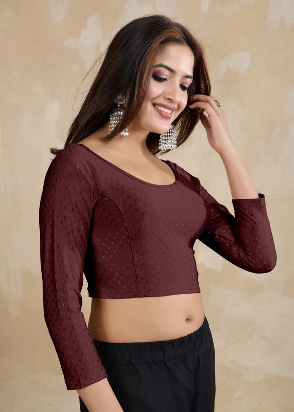 Wine_Dobby_Pure_Cotton_Elastin_Stretchable_Readymade_Blouse