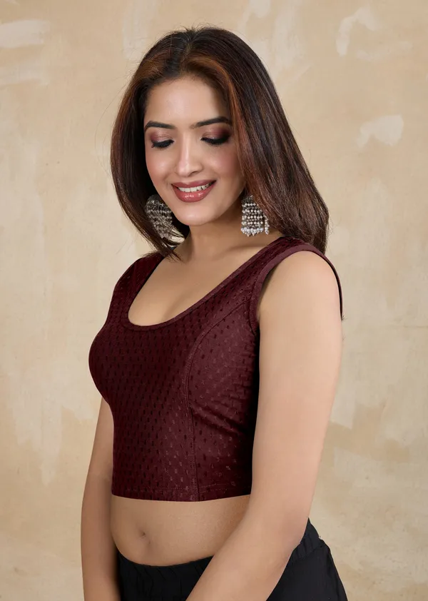 Wine_Dobby_Pure_Cotton_Elastin_Stretchable_Readymade_Blouse